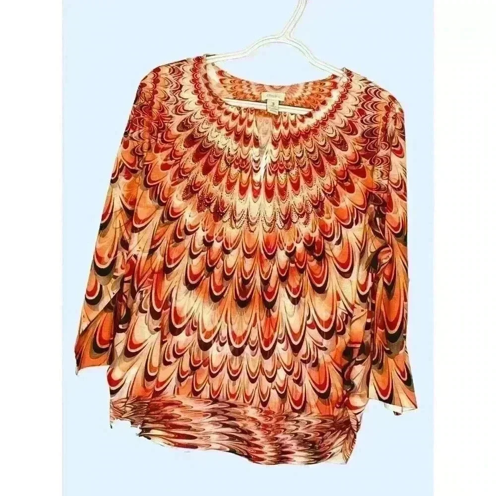 Chicos 3 top v neck 3/4 raglan sleeves rhinestones artsy Made in USA orange - Picture 6 of 6